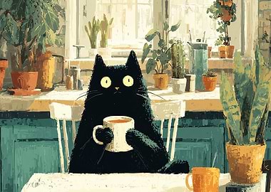 Black Cat Morning Ritual in a Plant Filled Kitchen