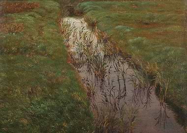 Painting of a Waterway Through Green Fields