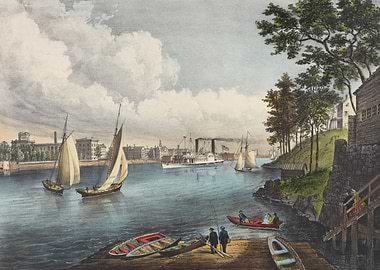 Steamboat and Sailboats on a River