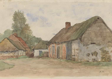 Rural Village Scene with Thatched Roof Houses