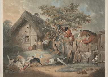 Fox Hunt Scene with Dogs and Hunters