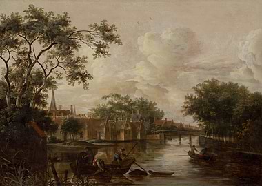 Canal Scene with Boats and Town