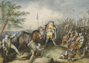 Historical Battle Scene with Soldiers and Horse