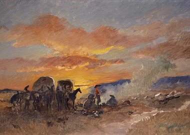 Sunset Campfire with Wagons and Horses