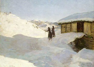 Winter Scene with Skiers and Cabin