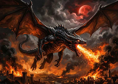 Dragon breathing fire over burning city