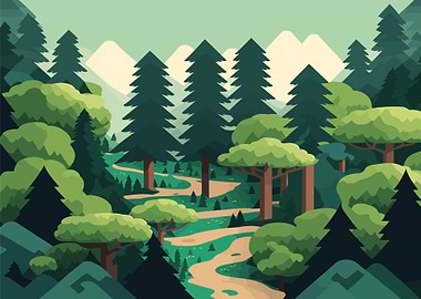 Forest Path with Mountains