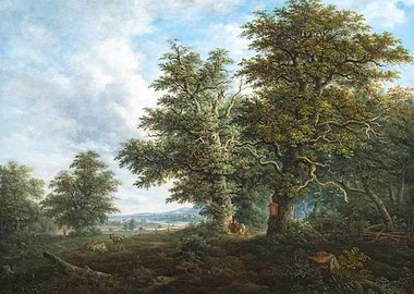Forest clearing with deer and ancient oaks