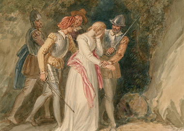 Distressed Woman Surrounded by Soldiers