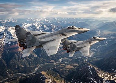 Two Fighter Jets Flying Over Mountains