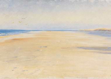 Seascape painting of a beach at sunset