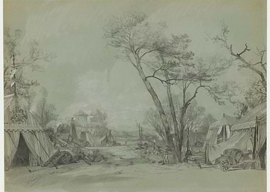 Military Camp Scene with Tents and Cannon