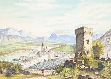 Watercolor painting of a European town and mountains