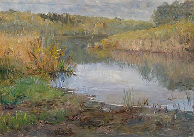 Impressionistic Landscape of a Lake with Reeds