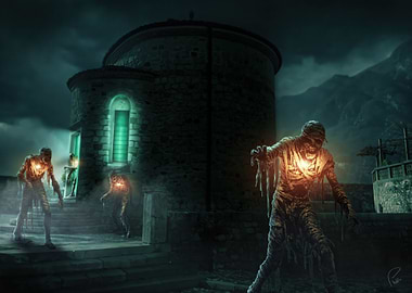 Northen Italian Mummies emerging from a haunted building