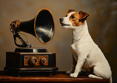 Dog listening to vintage gramophone