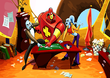 Alien characters planning on a blueprint