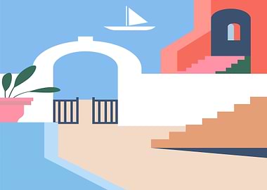 Minimalist Mediterranean scene with sailboat