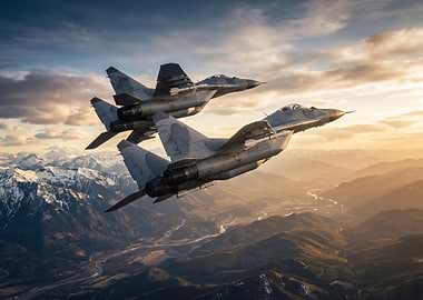 Two Fighter Jets Flying Over Mountains