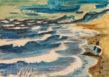 Watercolor Seascape with Waves and Shoreline