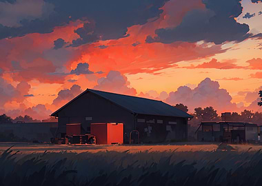 Sunset over a rural warehouse