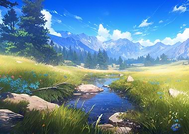 Serene Mountain Landscape with Stream