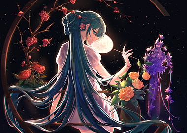 Anime Girl with Flowers and Moon Fan