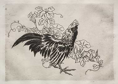 Rooster and Morning Glories Etching