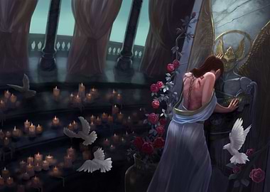 'Kushiel's DartPhedre in the Temple of Archangel Kushiel the Angel of Punishment with Doves. Roses, & Candles