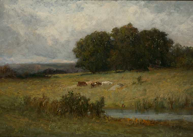 Cows in a Grassy Field by a Pond