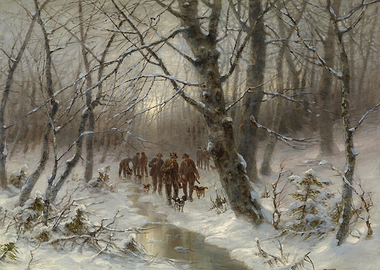 Hunters and dogs in a snowy forest