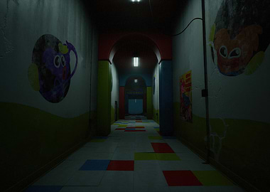 Creepy Hallway with Cartoon Murals