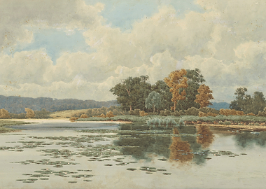 Serene Lake with Lily Pads and Trees