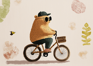 Bear riding a bicycle with a bird