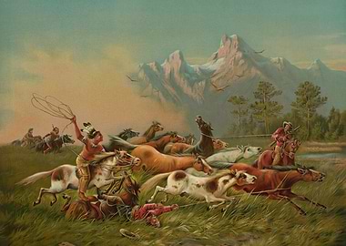 Cowboys and Native Americans Chasing Horses