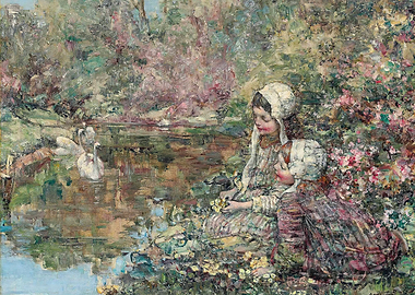 Two girls by a pond with swans