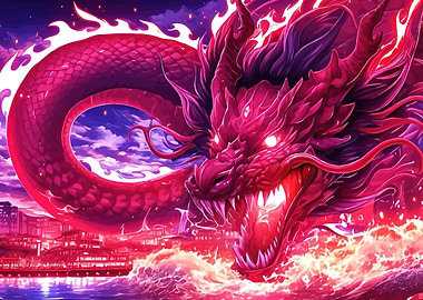 Fiery Red Dragon Over Cityscape