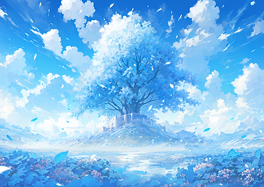 Enchanted Blue Tree and Castle Landscape