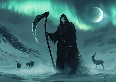 Grim Reaper in Snowy Landscape