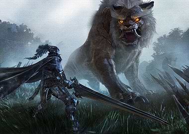 Knight battles a monstrous beast