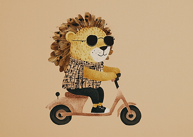 Lion Riding a Scooter with Sunglasses