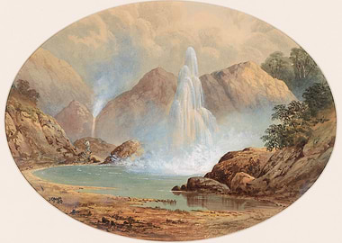 Geyser erupting in a mountainous landscape