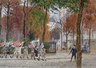 Children marching with flags in autumn park