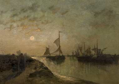 Moonlit Harbor with Sailing Ships