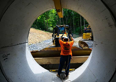 Construction worker guiding pipe placement