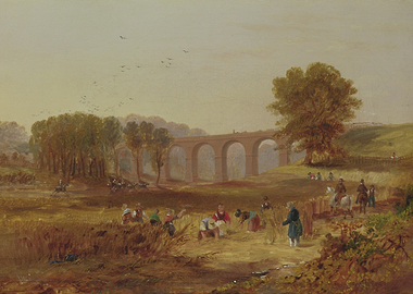Rural Harvest Scene with Viaduct