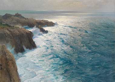 Waves crashing on rocky coastline