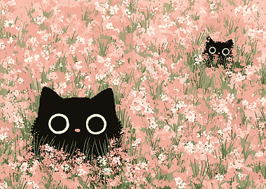 Two black cats in a field of flowers