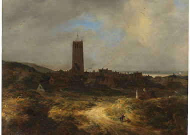 Distant Town with Tall Church Tower