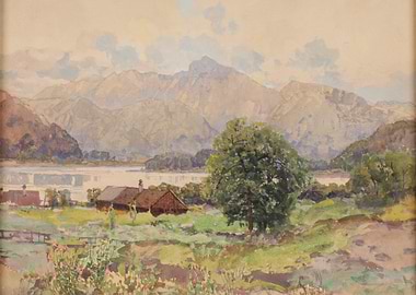 Alpine Lake Landscape with Village